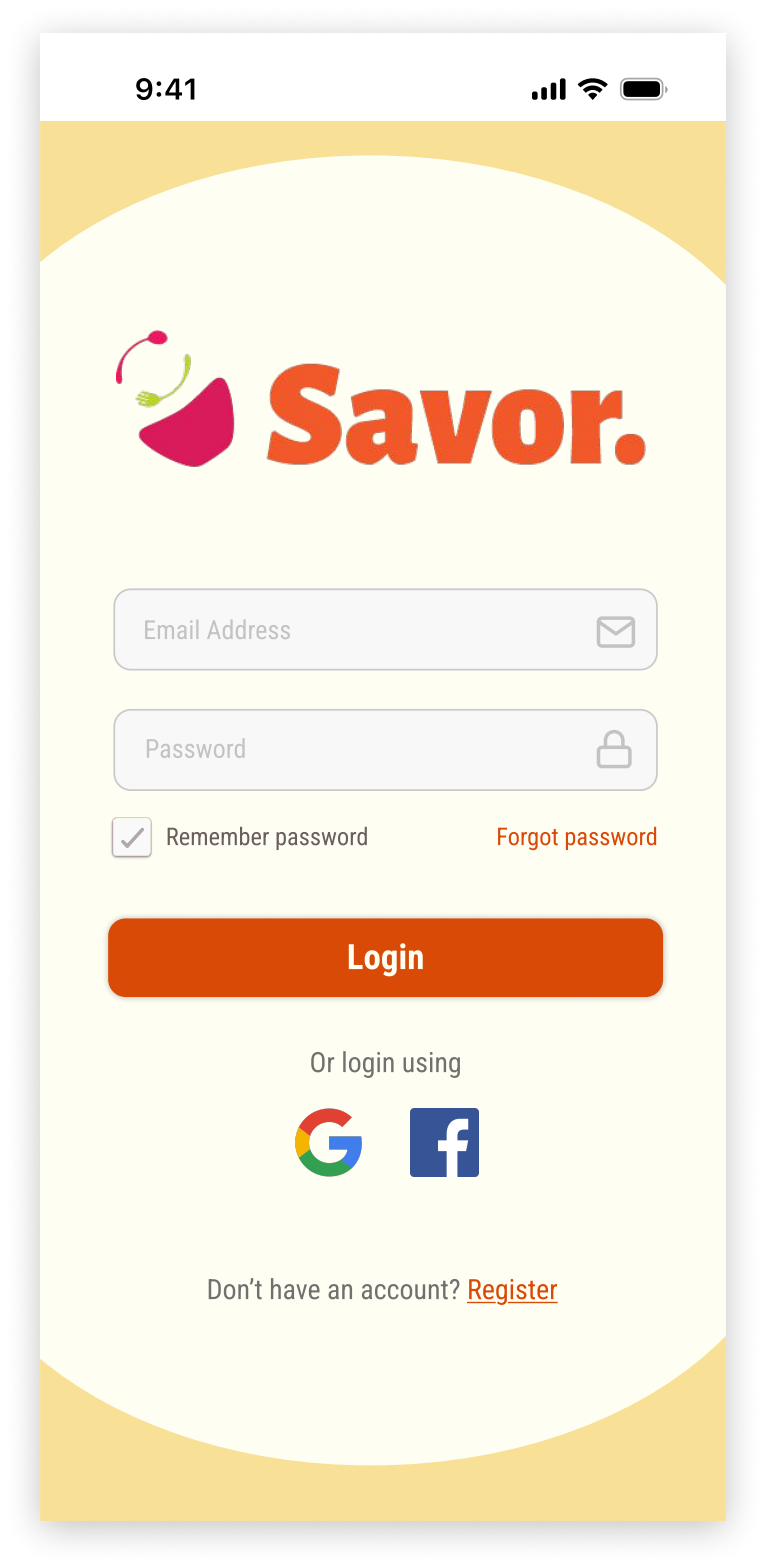 Savor login screen