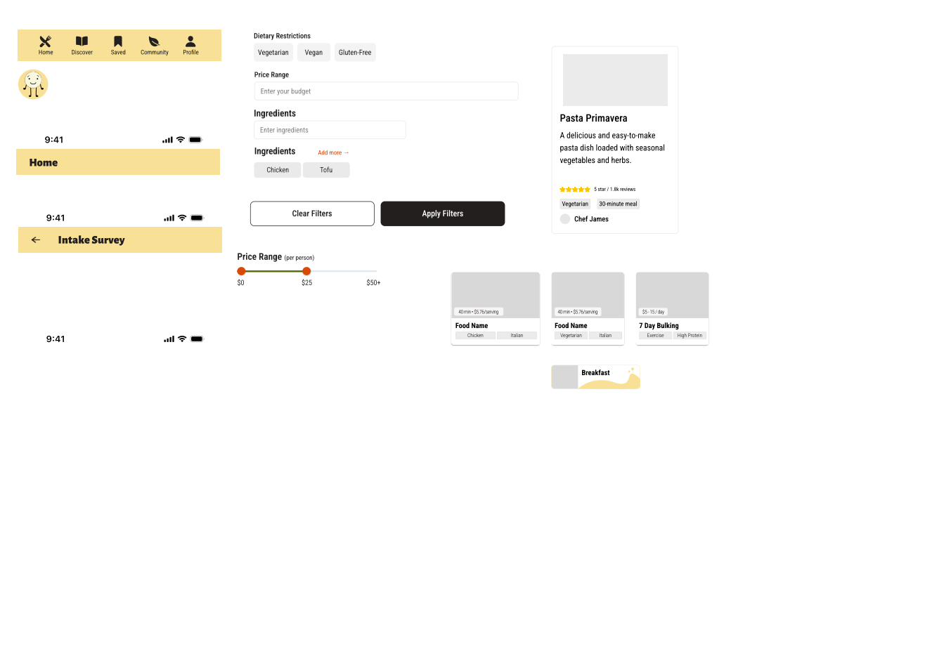 Savor wireframes and early screen layouts