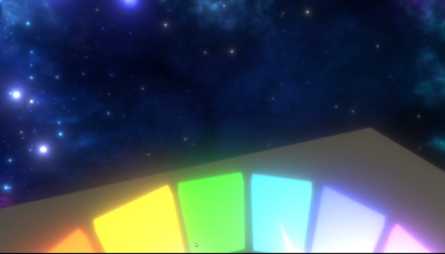 Close-up of the glowing rainbow-colored piano keyboard